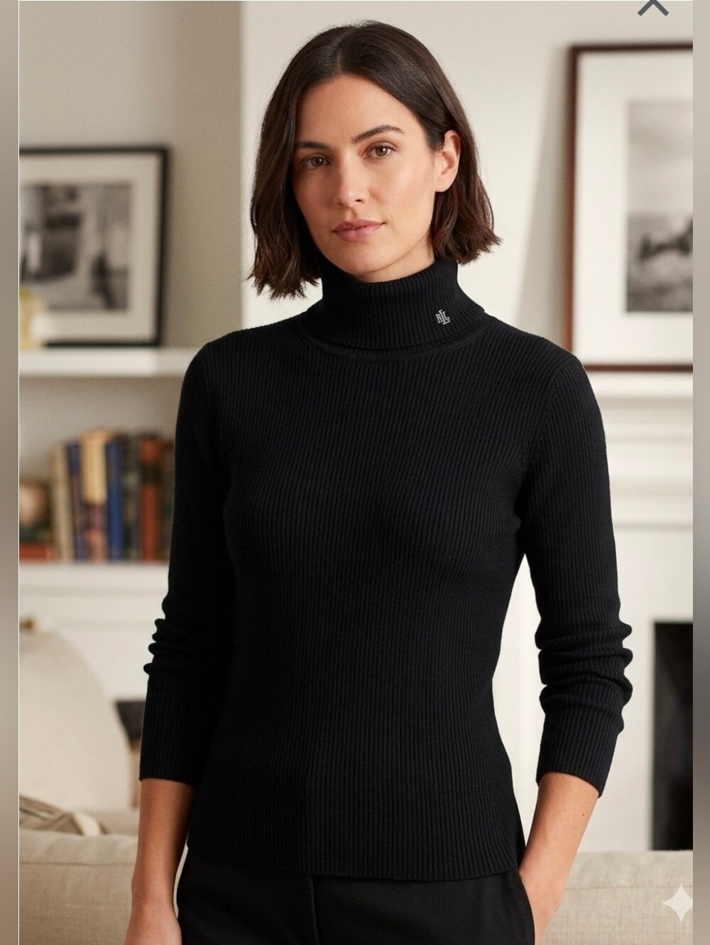 Lauren Ralph Lauren Black Ribbed Turtleneck Sweater - Size Large